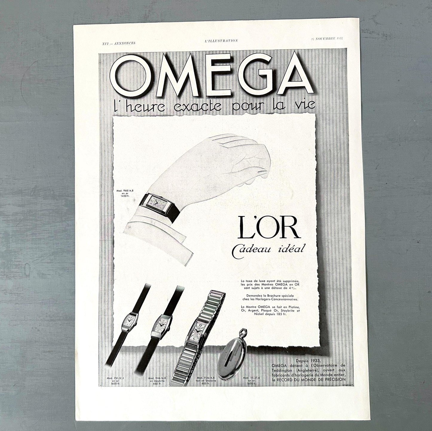Original 1930s Vintage Omega Swiss Watch Ad Poster from Original French Magazine
