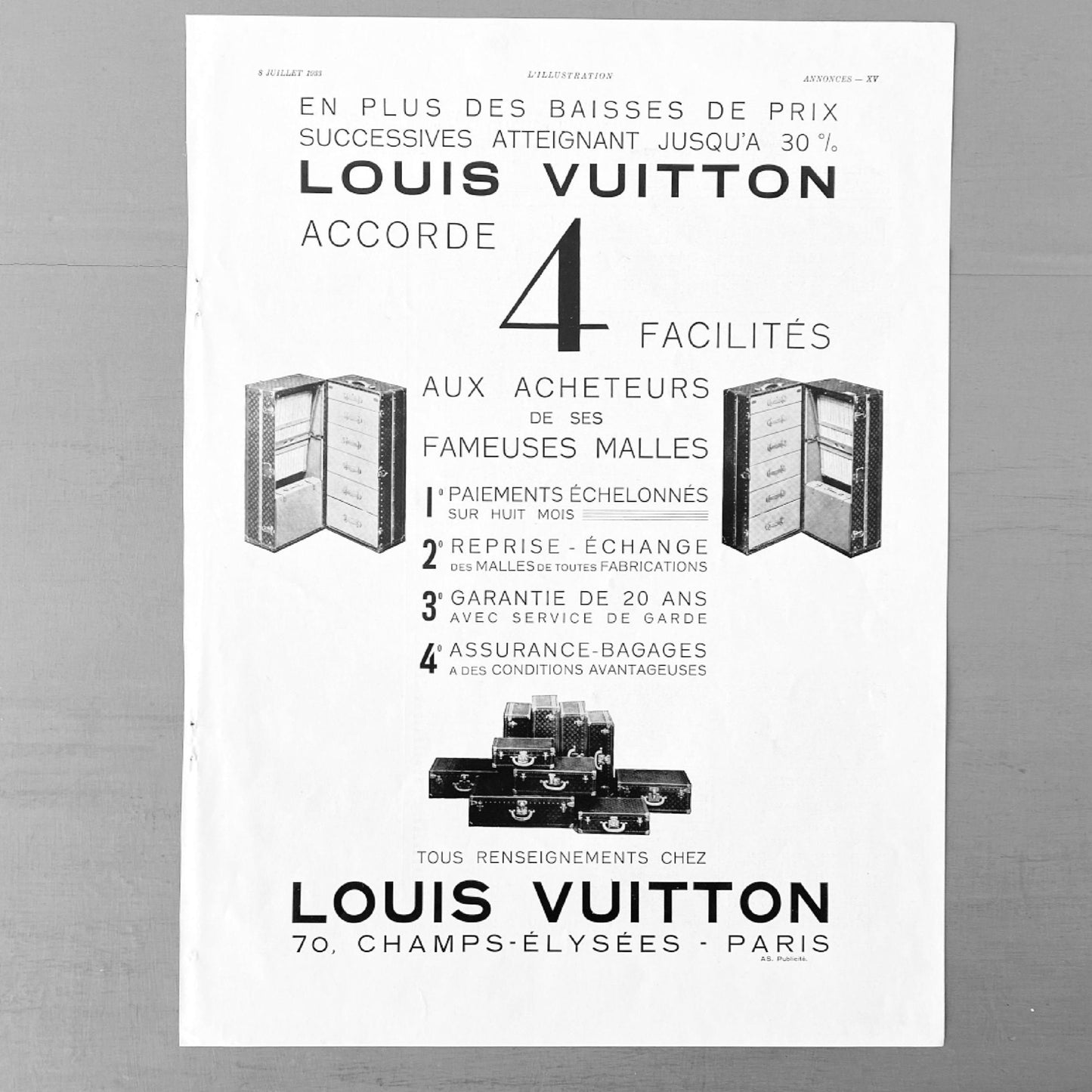 Authentic 1930s Vintage Louis Vuitton Advertisement Wall Art Poster - Original Page from French Magazine
