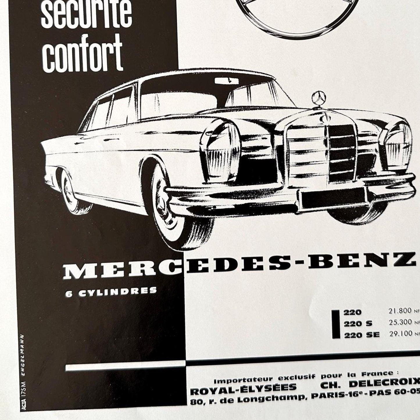 Authentic 1960s Vintage Mercedes Car Ad Poster: French Minimalist Supercar Art