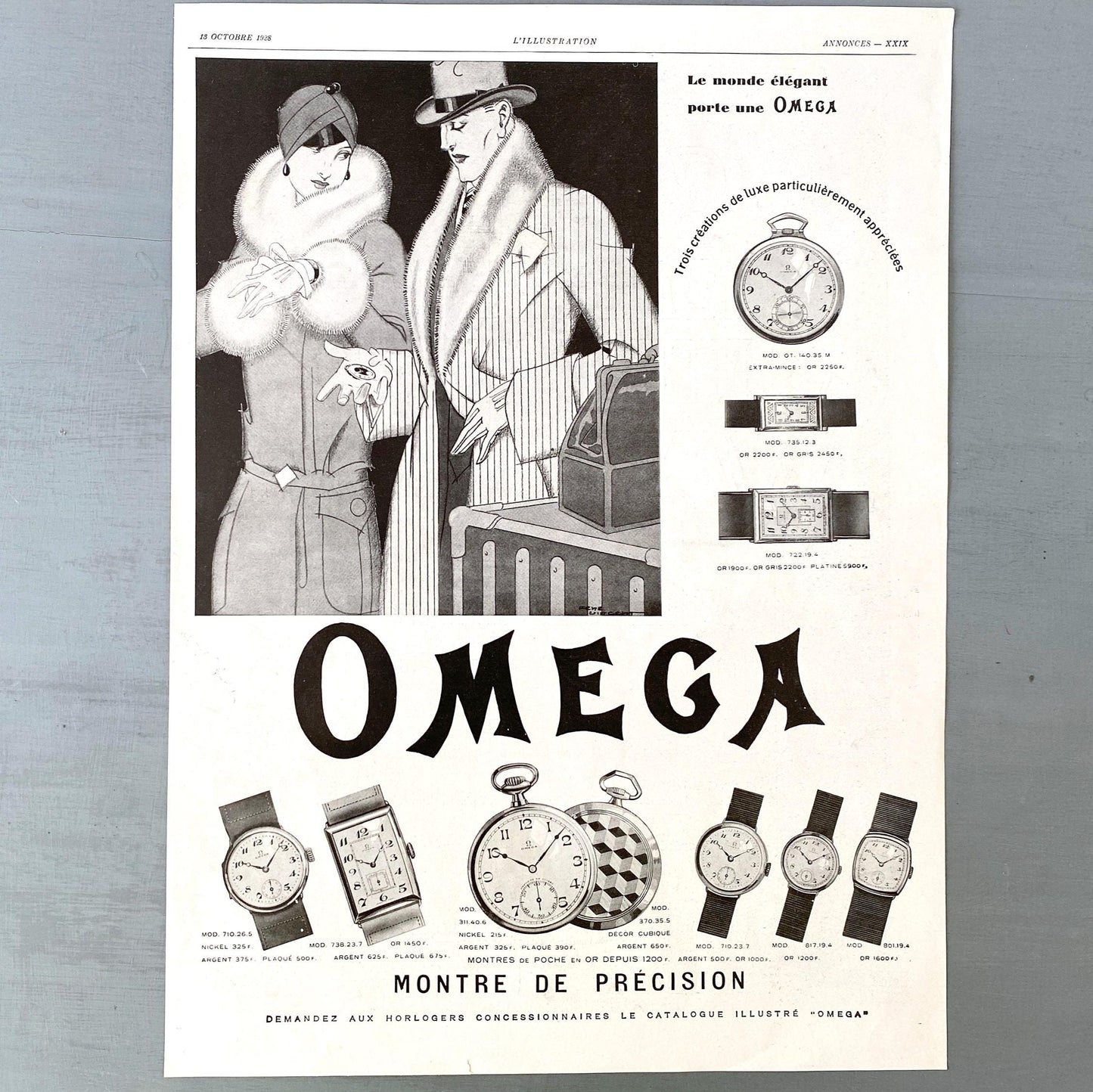 1920s Omega Watch Ad: Original French Vintage Poster, Mid-Century Modern