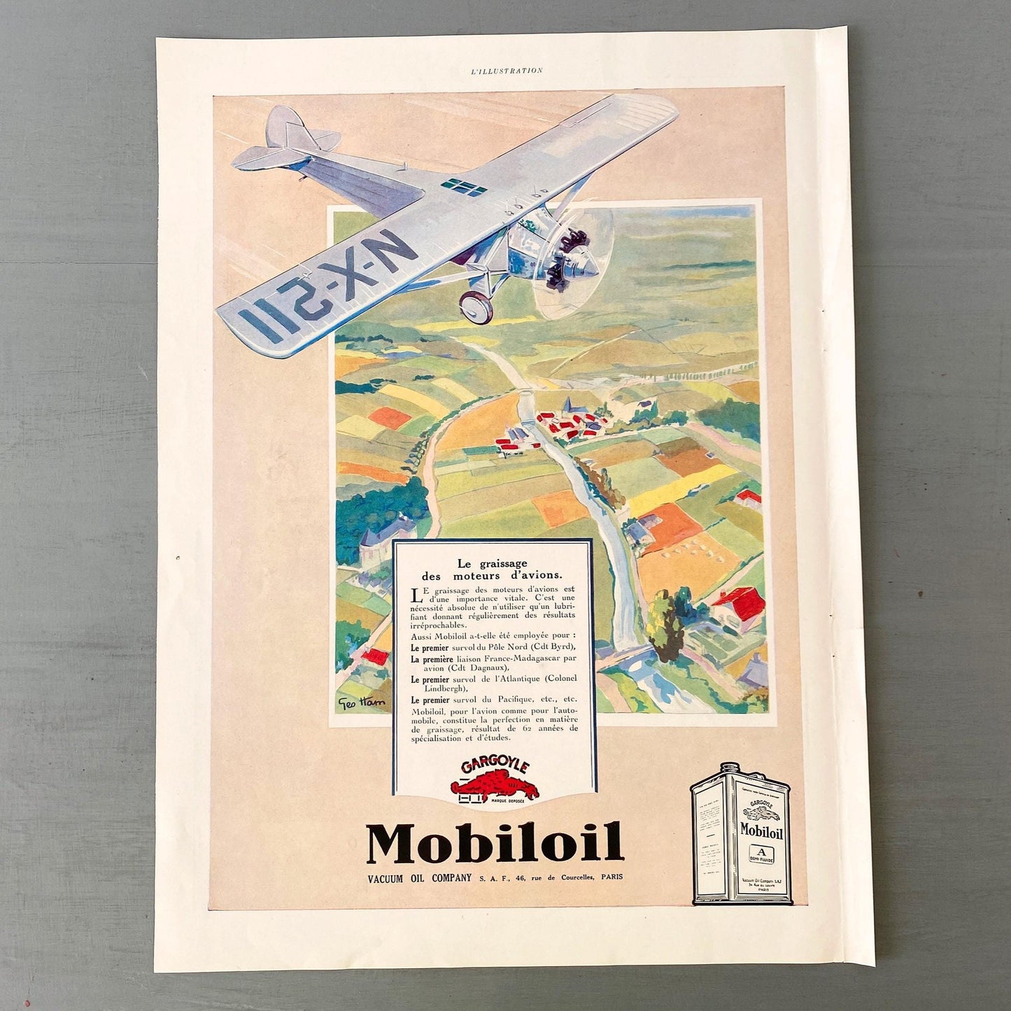 Vintage Mobiloil Ad Print: Retro French Airplane Illustration