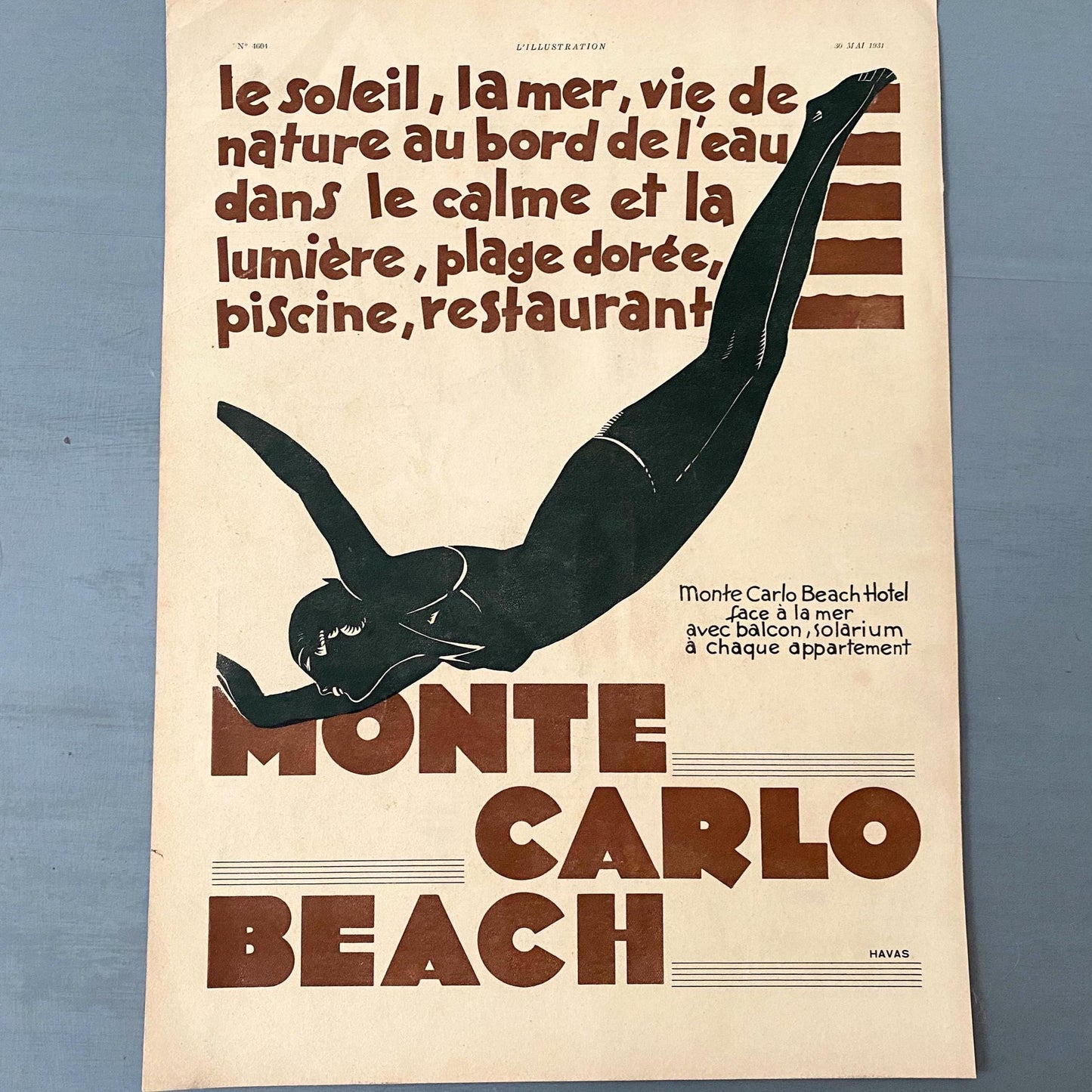 Original 1930s Vintage European City Monaco Monte Carlo Travel Ad Poster