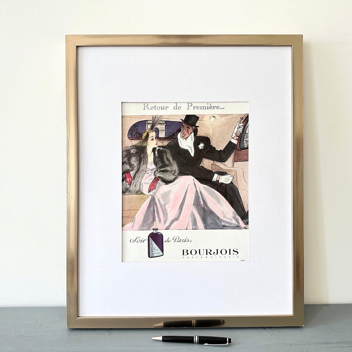 1940s Bourjois Perfume Ad Print: Pierre Mourgue French Fashion Illustration