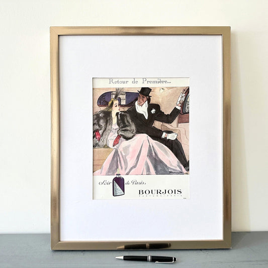 1940s Bourjois Perfume Ad Print: Pierre Mourgue French Fashion Illustration