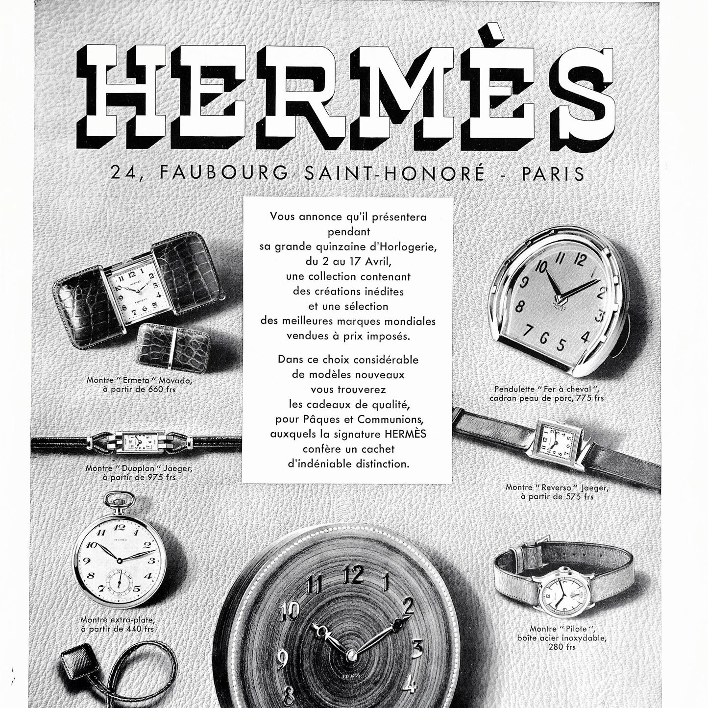 Authentic 1930s Vintage Hermes Watch Advertisement Poster: Original French Fashion Print