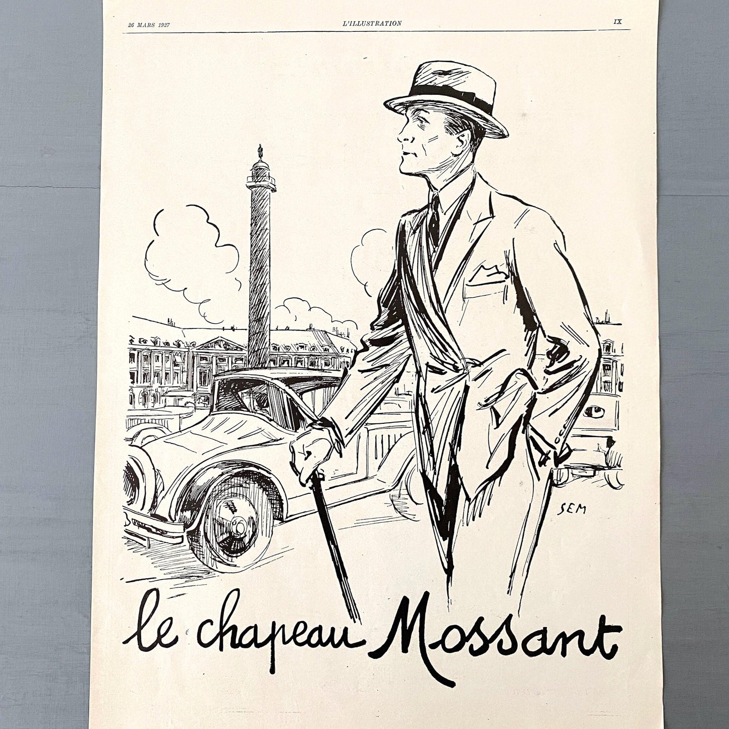 Authentic Vintage 1920s French Hat Ad Print: Original Paris Place Vendome Poster Signed Goursat