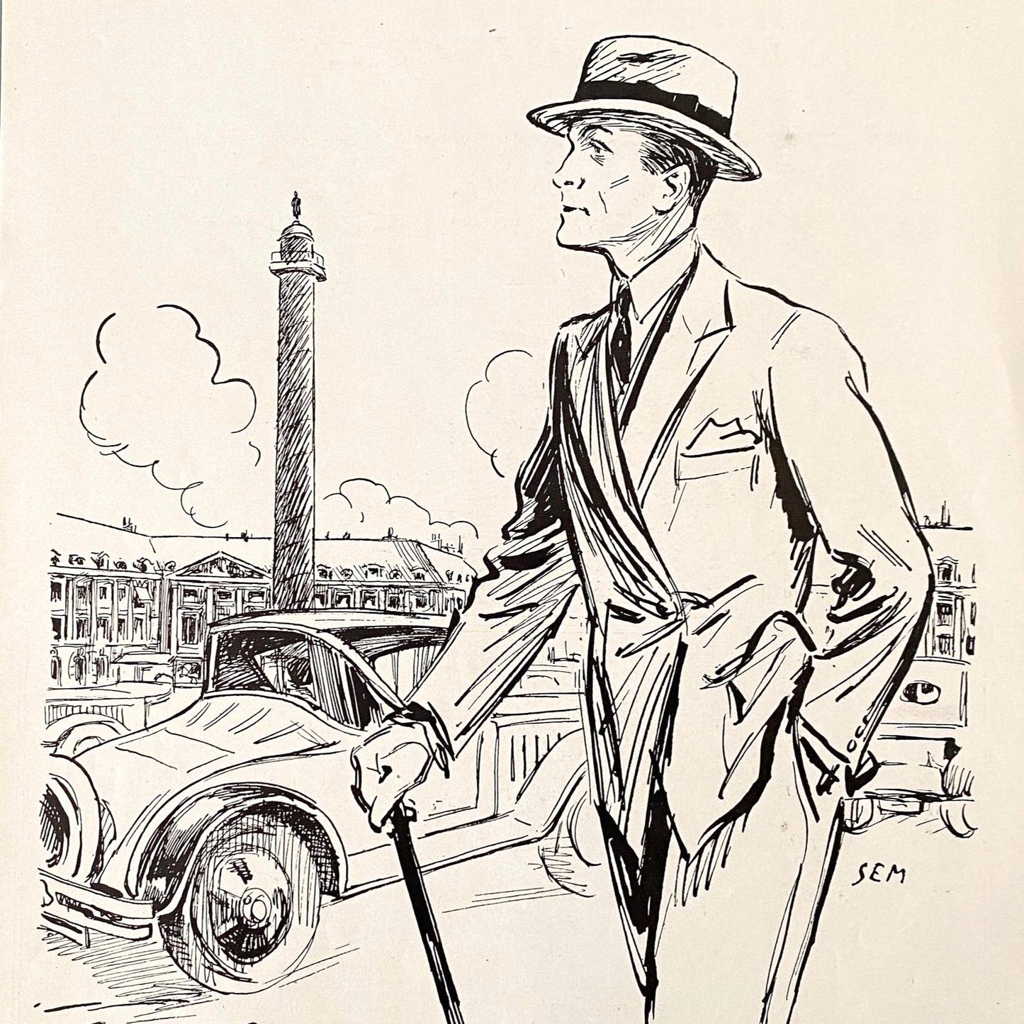 Authentic Vintage 1920s French Hat Ad Print: Original Paris Place Vendome Poster Signed Goursat