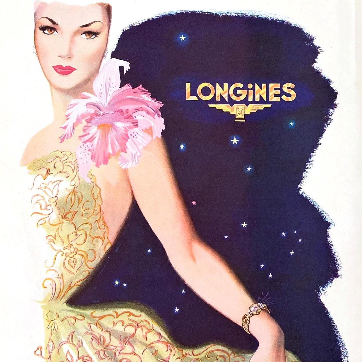 1940s Authentic Vintage Longines Swiss Luxury Brand Watch Ad Print, French Woman Poster