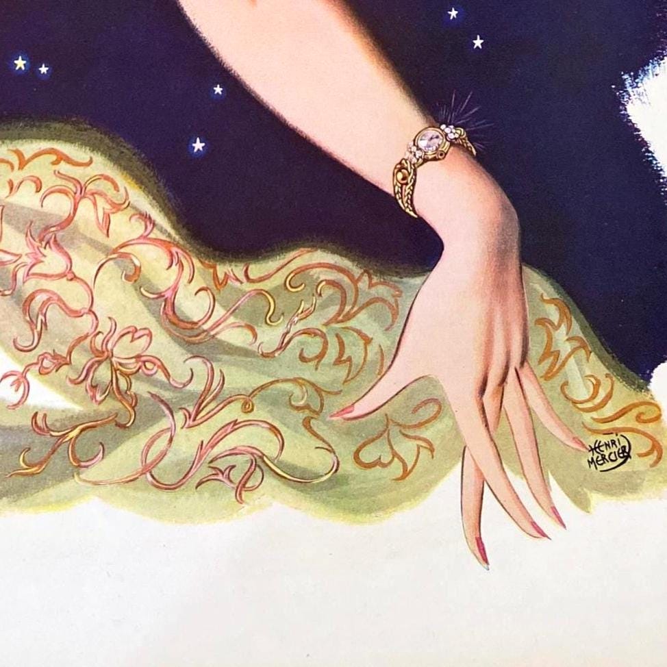 1940s Authentic Vintage Longines Swiss Luxury Brand Watch Ad Print, French Woman Poster