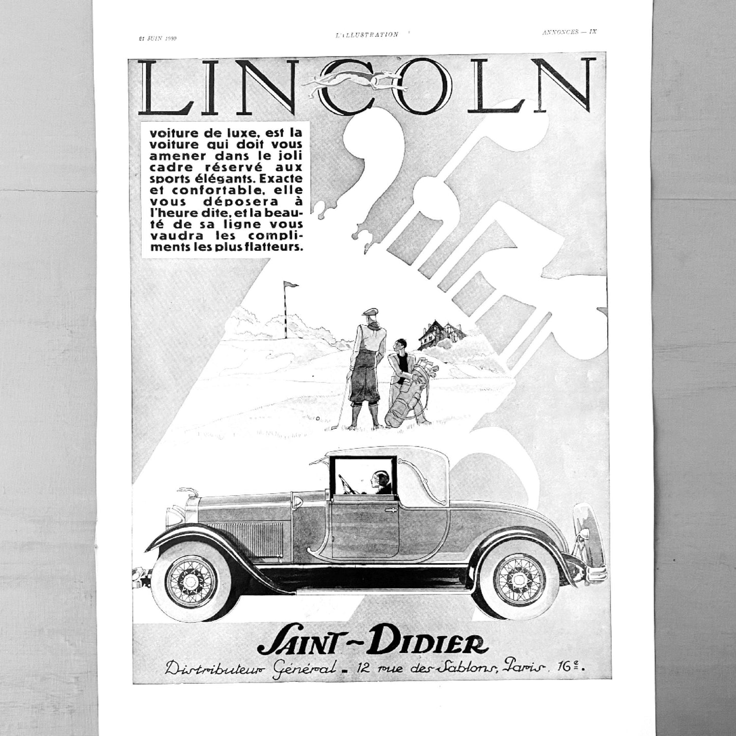 Vintage Lincoln Car Ad Print: Classic Car & Golf Poster, Ready to Frame