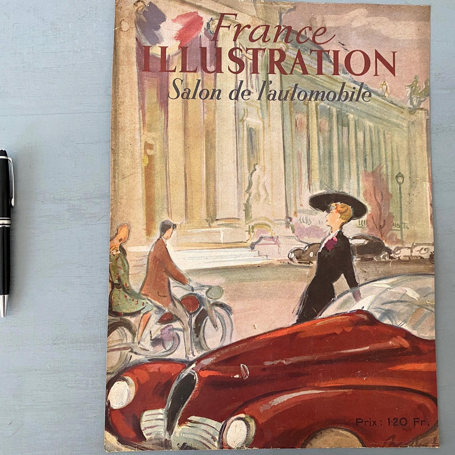 1940s Paris Travel Poster: Classic Red Car, Mid-Century La Vie Parisienne Illustration