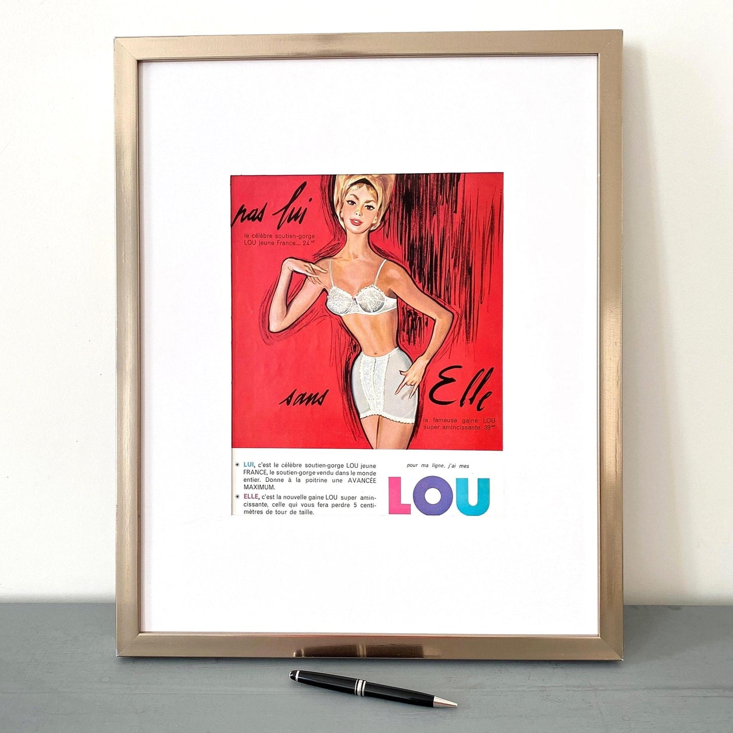 Original 1950s  Vintage Lingerie Ad Wall Art Print from French Vogue Magazine, Paris Pin Up Style Girl Poster