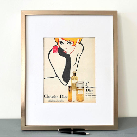 Original 1960s Vintage Dior Perfume Ad Print by Rene Gruau: Paris Woman Glam Decor