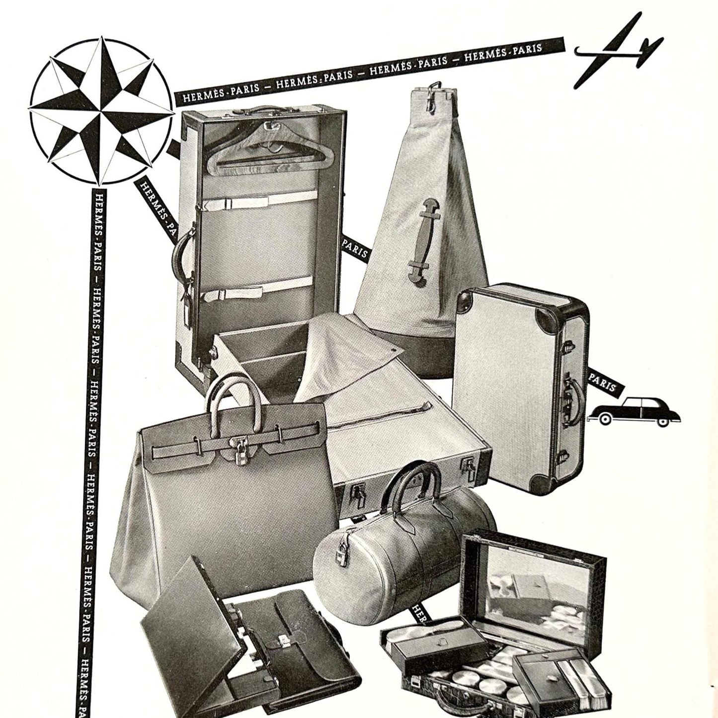 Original 1950s French Vintage Hermes Ad Poster: Birkin Bag, Luggage and Suitcase Fashion Print