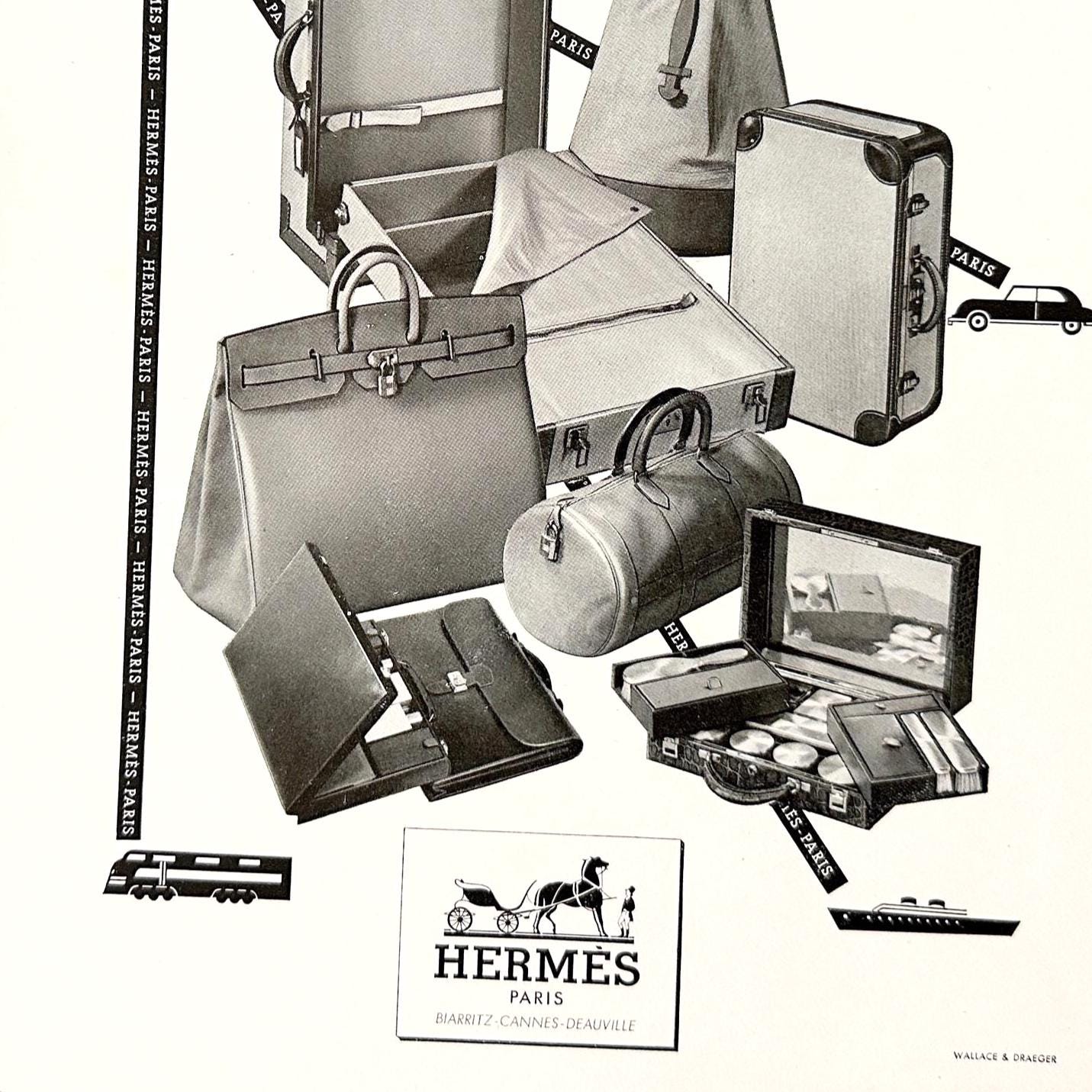 Original 1950s French Vintage Hermes Ad Poster: Birkin Bag, Luggage and Suitcase Fashion Print