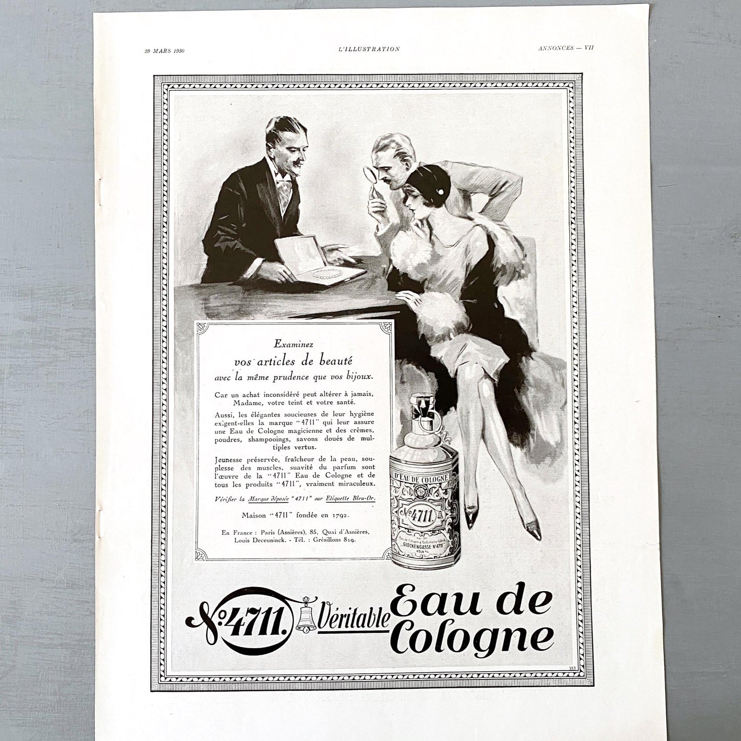 1930s 4711 Cologne Ad Print: Art Deco Couple Poster, Rare French Perfume Decor