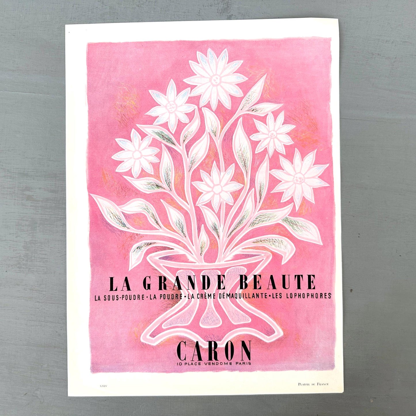 Original 1950s Vintage Caron Perfume Ad Poster: French Floral Print