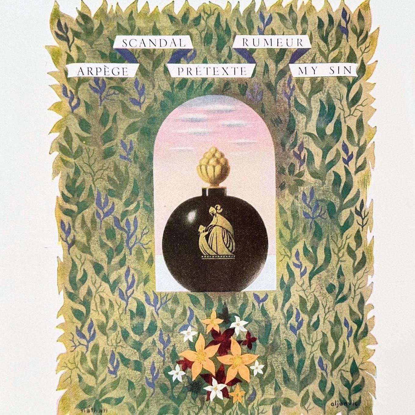 1950s Lanvin Perfume Ad: French Floral Wall Art, Jacques Nathan Illustration