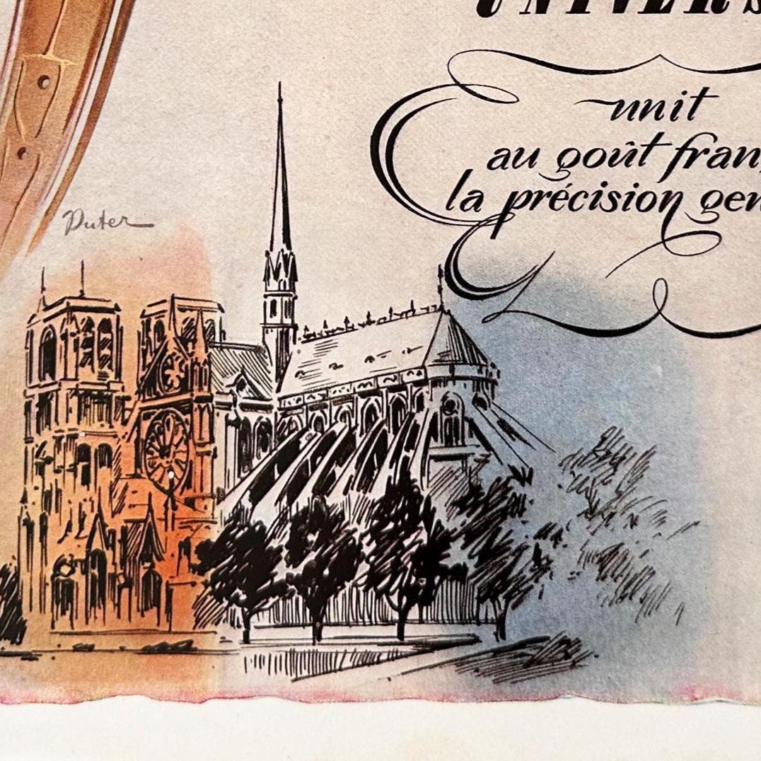 Authentic French 1940s Vintage Swiss Watch Advertisement Poster - Notre-Dame de Paris Print