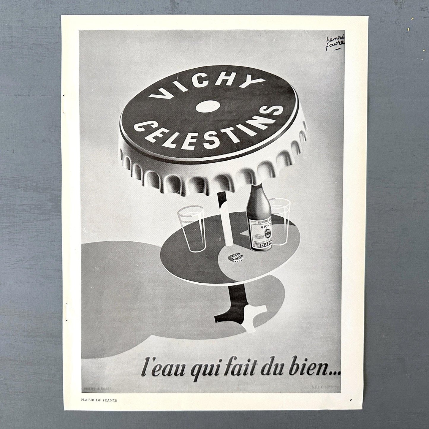 Authentic 1950s Vintage Vichy Mineral Water Advertisement Poster from Original French Magazine