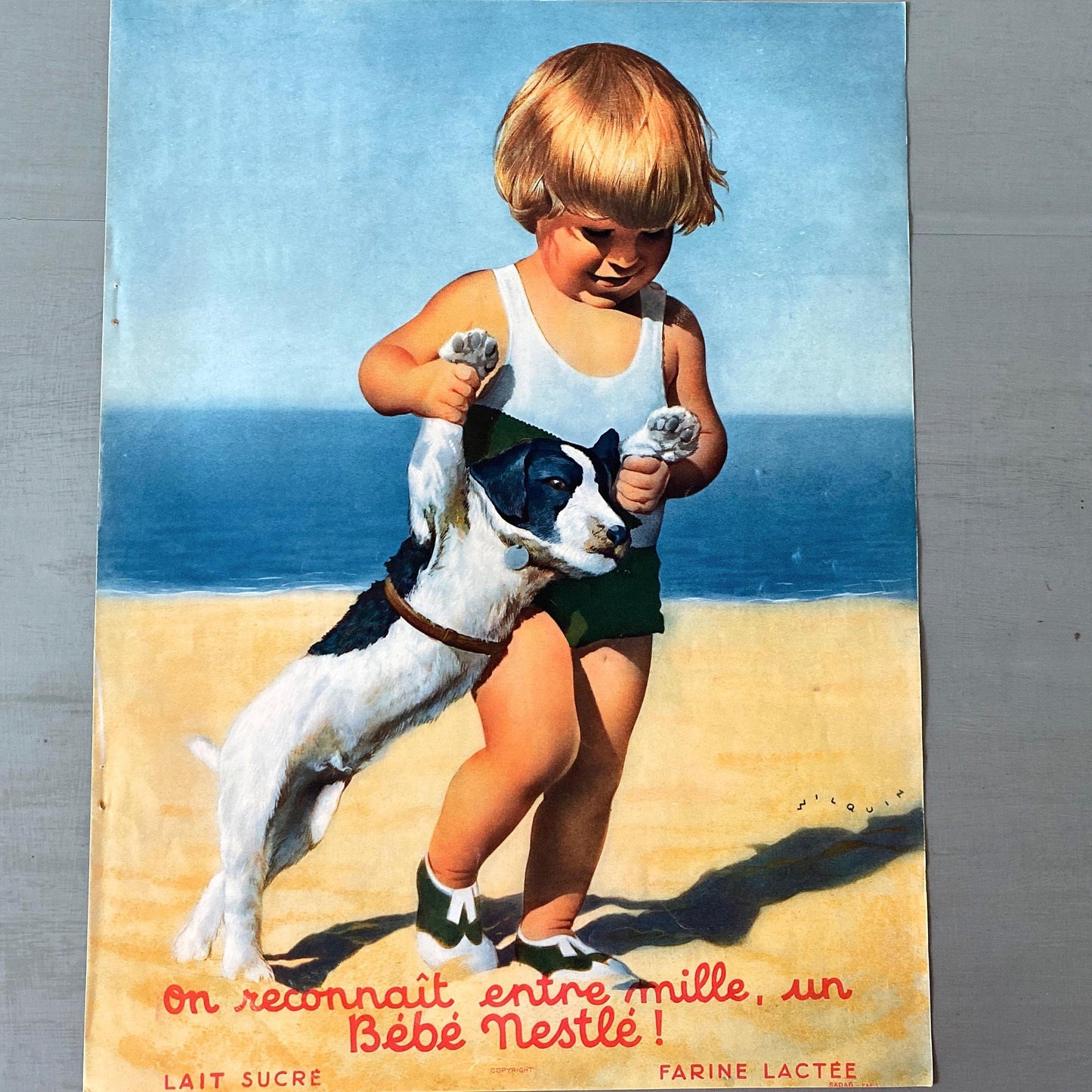 Authentic 1930s French Vintage Boy on the Beach with Dog Nestle Advertisement Poster