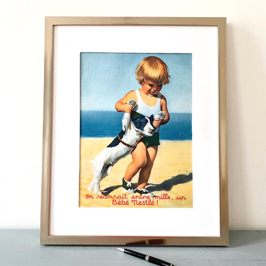 Authentic 1930s French Vintage Boy on the Beach with Dog Nestle Advertisement Poster