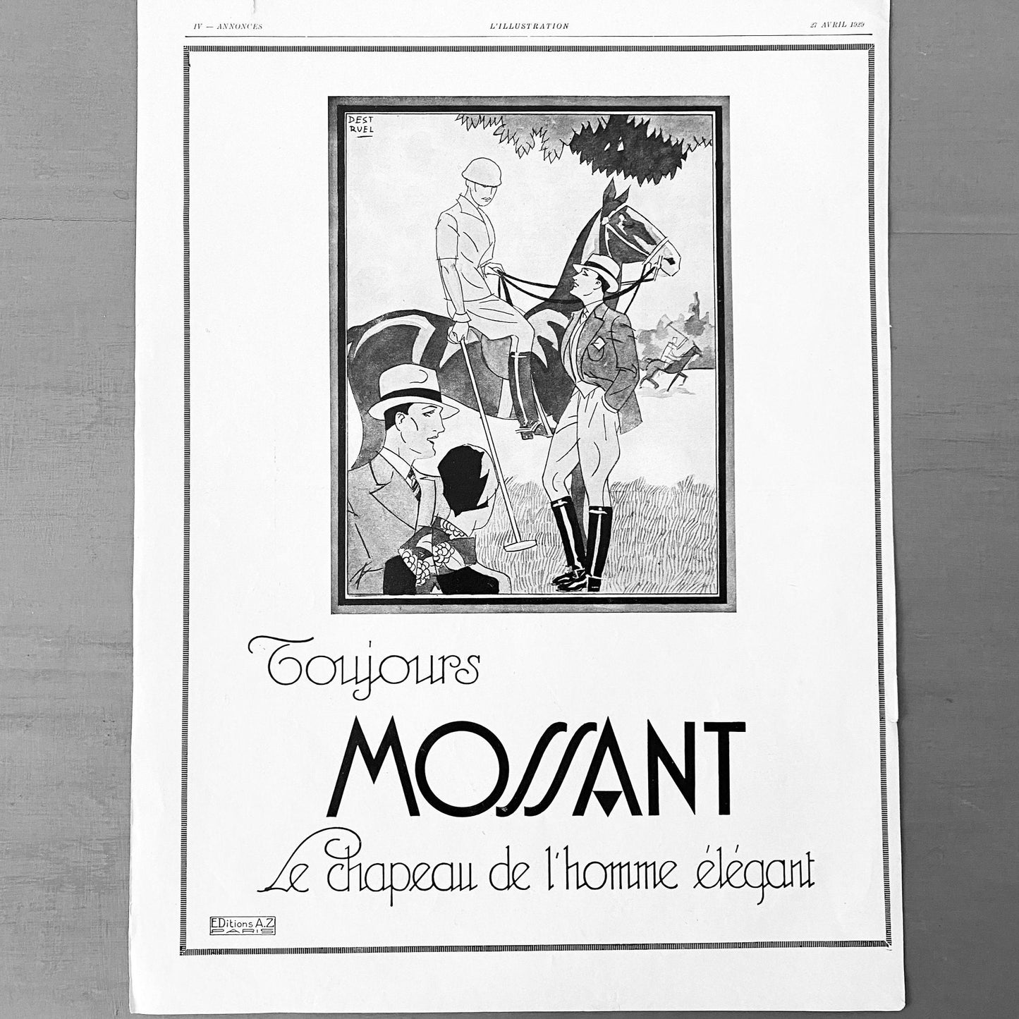 Authentic 1920s Vintage Man Hat Mossant Advertisement Poster from Original French Magazine