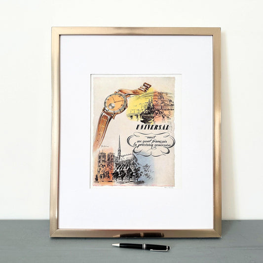 Authentic French 1940s Vintage Swiss Watch Advertisement Poster - Notre-Dame de Paris Print