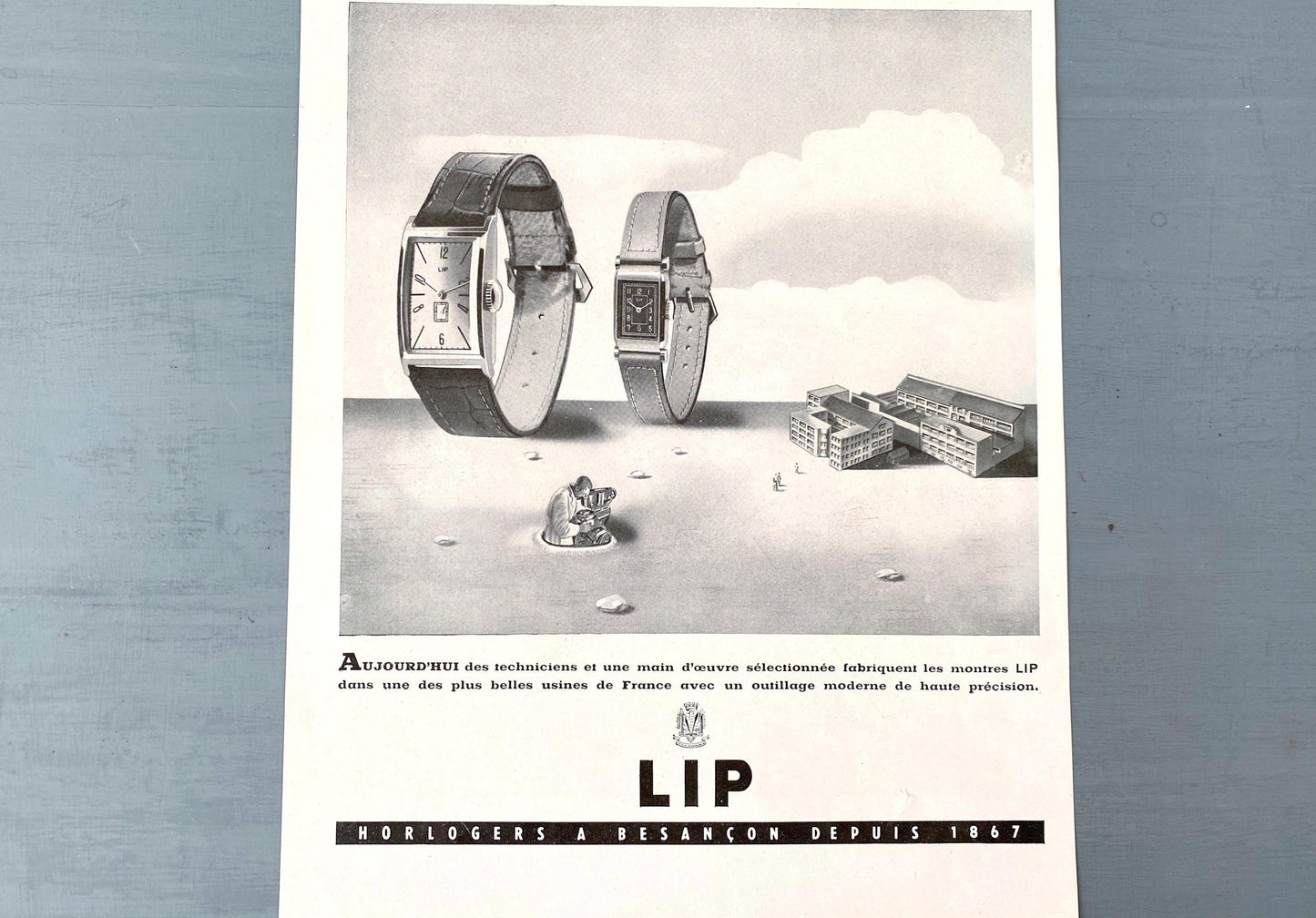 Authentic 1940s Vintage French Lip Watch Ad Poster, Original Surrealism Wall Art Print