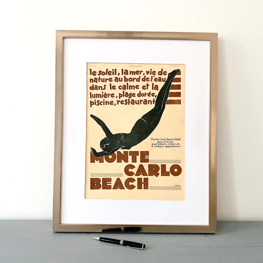 Original 1930s Vintage European City Monaco Monte Carlo Travel Ad Poster