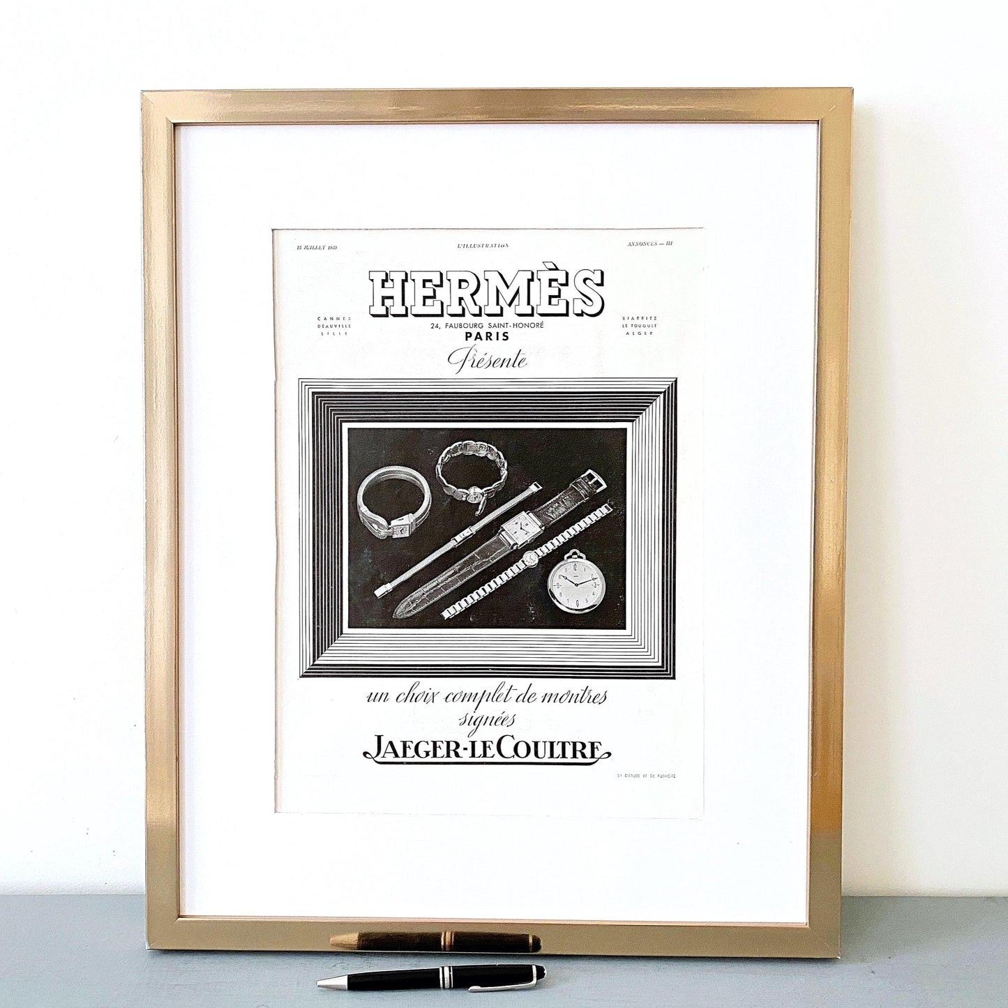Authentic 1930s Vintage Hermes & Jaeger Lecoultre Advertisement Print, Glam Room Wall Art Poster
