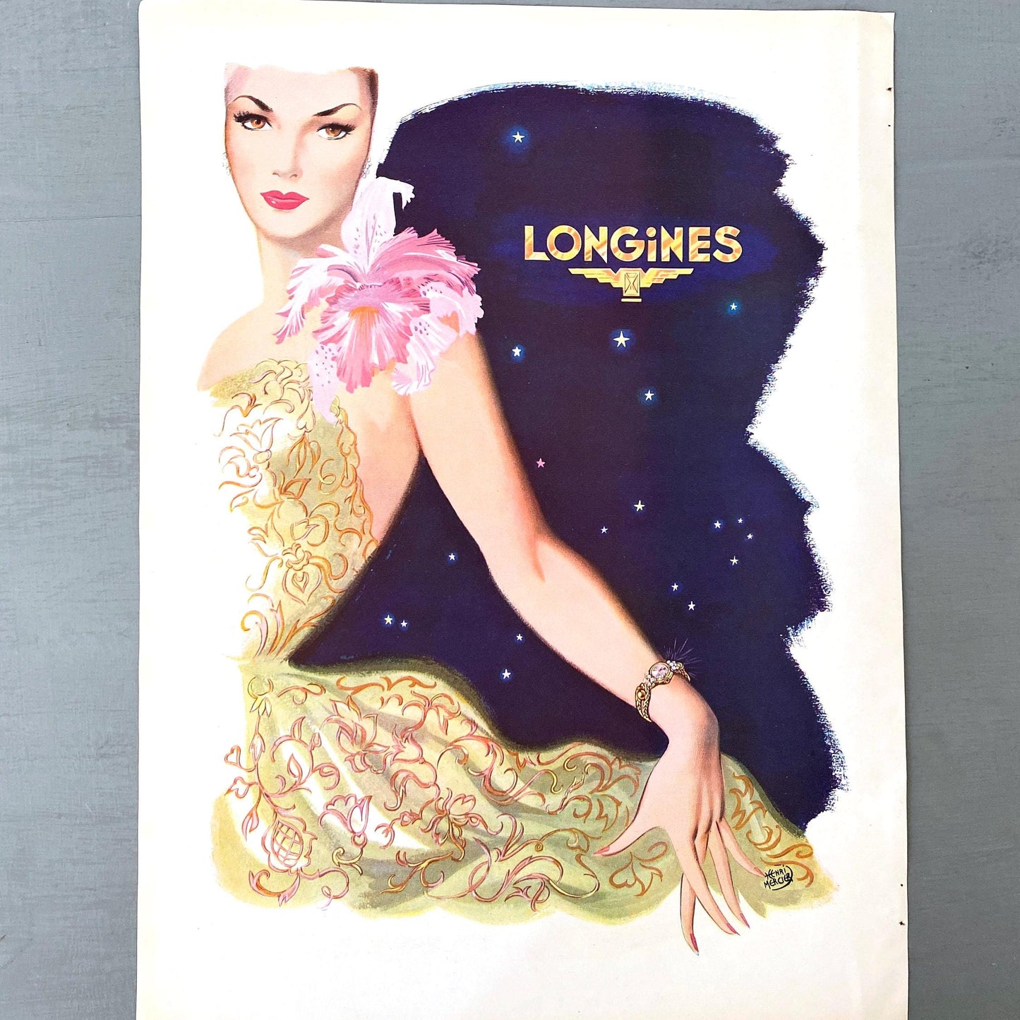 1940s Authentic Vintage Longines Swiss Luxury Brand Watch Ad Print, French Woman Poster