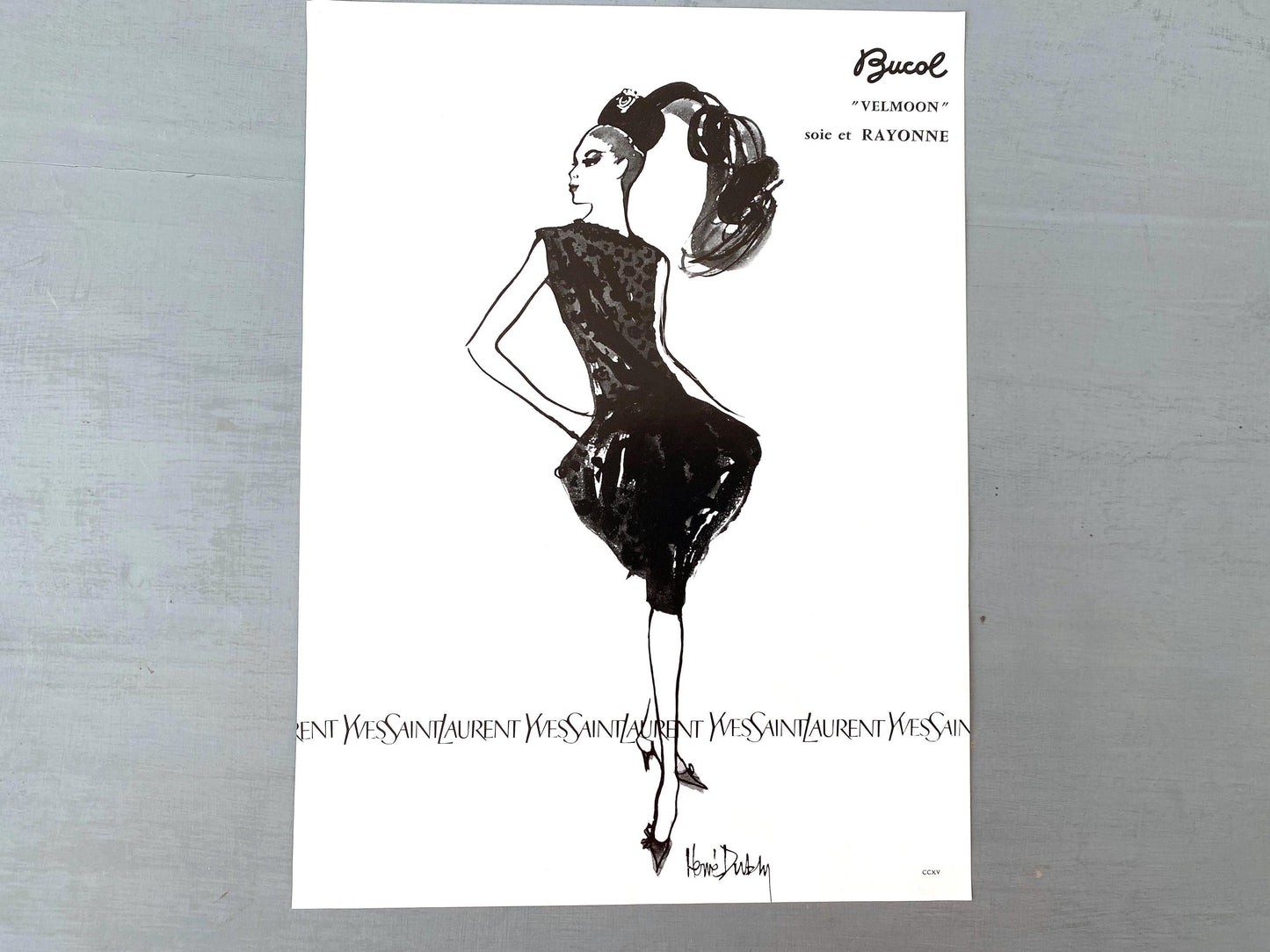 Authentic 1950s Vintage Yves Saint Laurent Fashion Illustration Poster: French Haute Couture Magazine Print