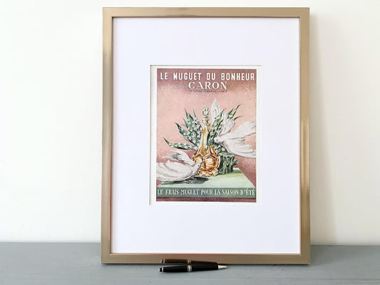 Authentic 1950s Vintage Caron Perfume Ad Wall Art Print, Retro Birds and Flowers Poster
