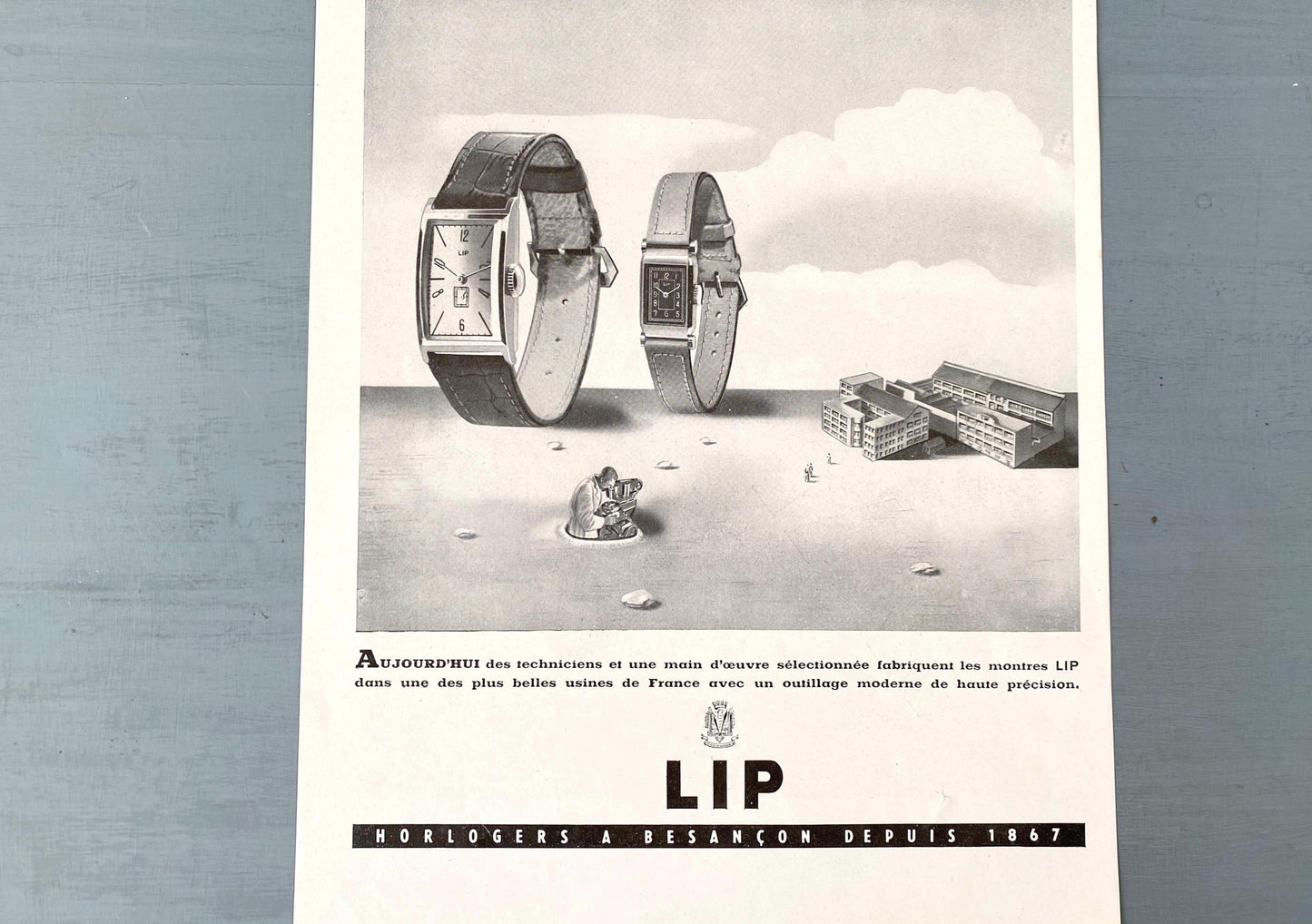 Authentic 1940s Vintage French Lip Watch Ad Poster, Original Surrealism Wall Art Print