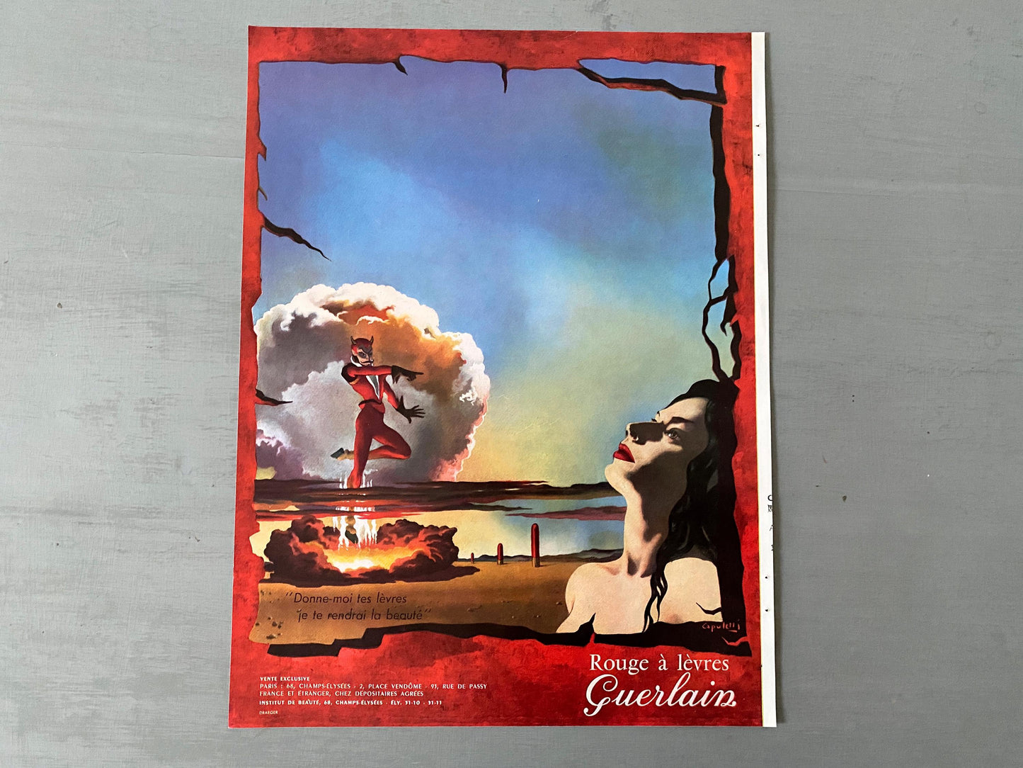 Authentic 1960s Vintage Guerlain Red Lipstick Advertisement Print from French Vogue: Paris Surrealism Wall Art