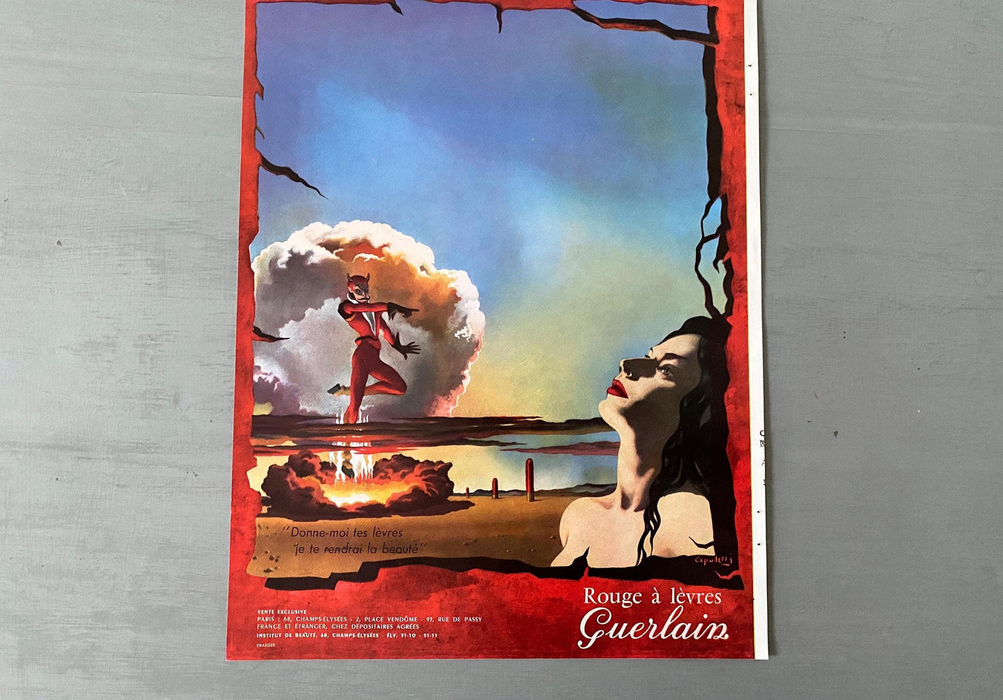 Authentic 1960s Vintage Guerlain Red Lipstick Advertisement Print from French Vogue: Paris Surrealism Wall Art
