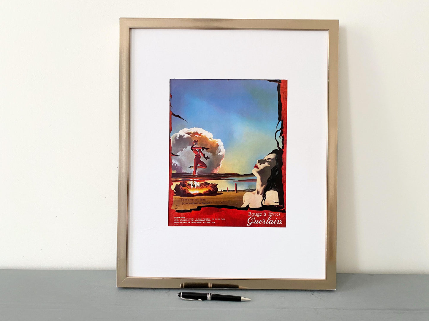 Authentic 1960s Vintage Guerlain Red Lipstick Advertisement Print from French Vogue: Paris Surrealism Wall Art