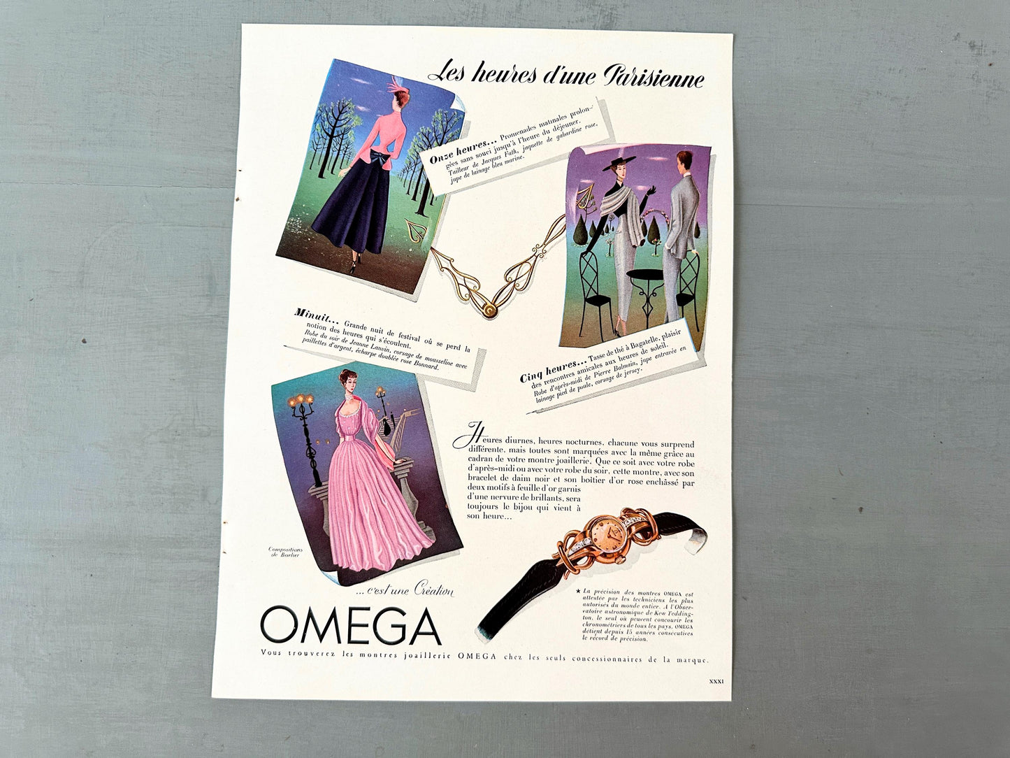 Authentic 1940s Vintage Omega Watch Advertisement Poster - Original Page from French Magazine