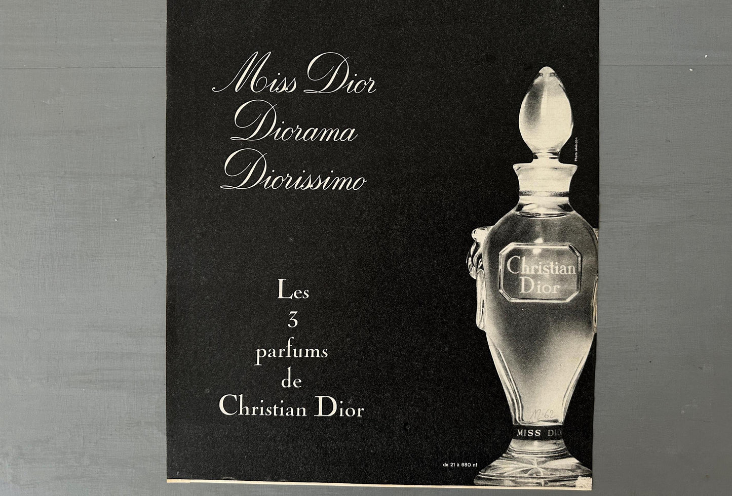 Authentic 1950s Vintage Dior Perfume Bottle Print: Original Black French Advertisement