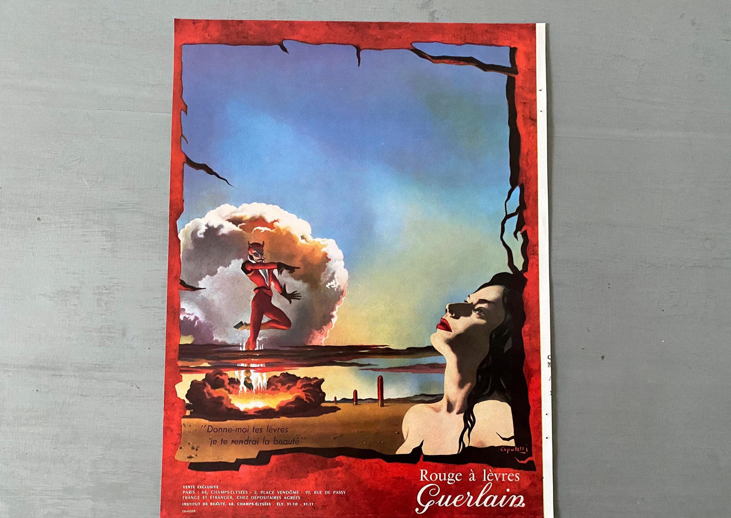 Authentic 1960s Vintage Guerlain Red Lipstick Advertisement Print from French Vogue: Paris Surrealism Wall Art