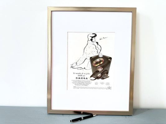 Authentic 1950s Vintage Omega Watch Ad Poster: Pierre Simon French Woman Illustration Print