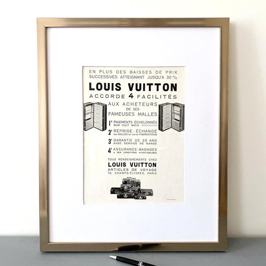 Authentic 1930s French Vintage Louis Vuitton Travel Suitcase Ad Poster, LV Monogram Wall Art Print