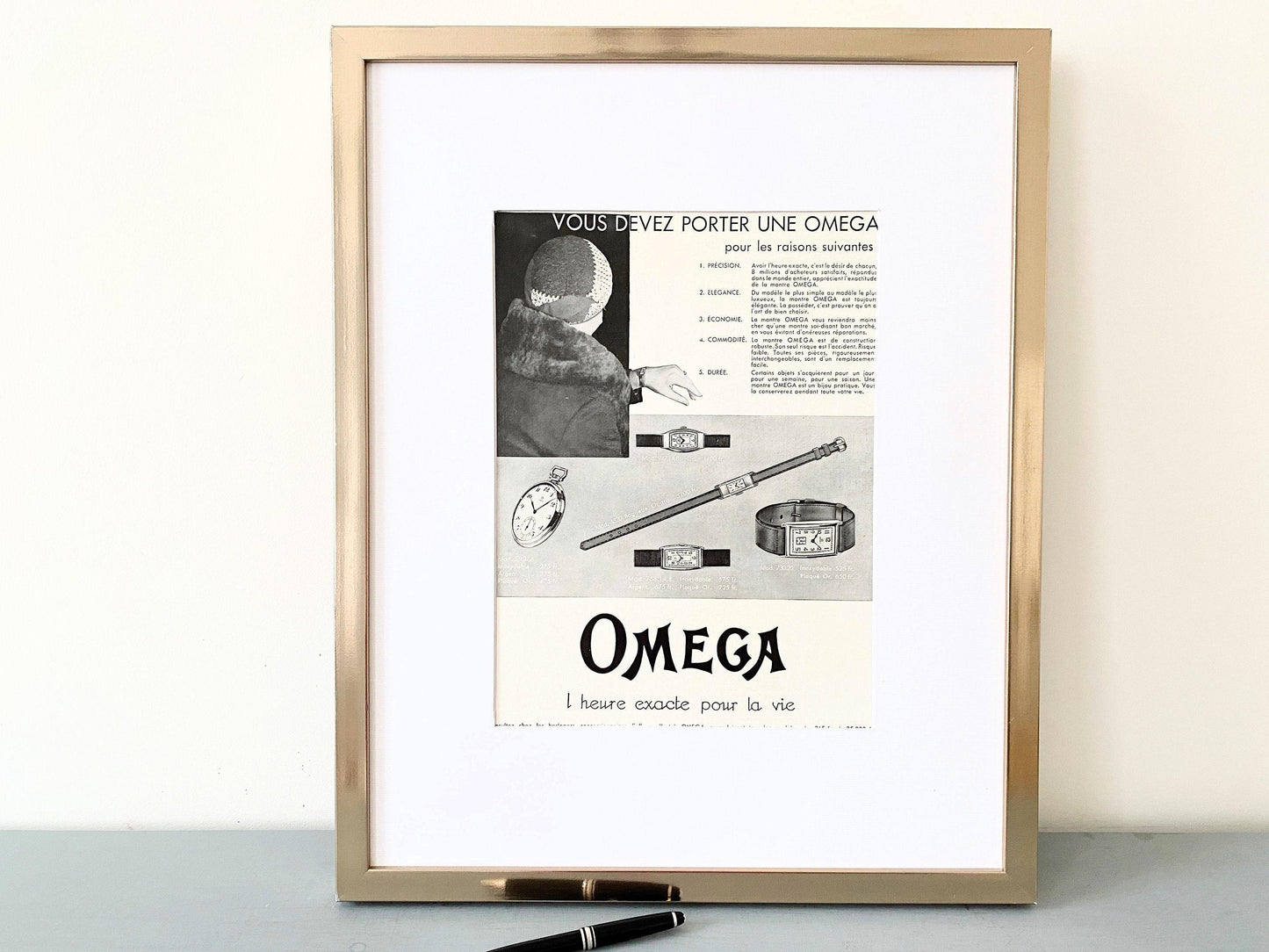 Original 1930s French Vintage Omega Swiss Watch Advertisement Wall Art Print