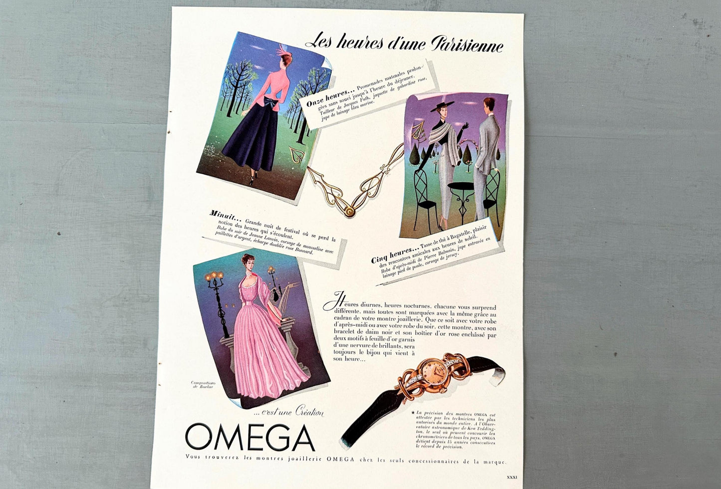 Authentic 1940s Vintage Omega Watch Advertisement Poster - Original Page from French Magazine
