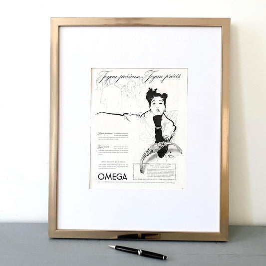 Authentic 1950s Vintage Omega Watch Advertisement Poster: Rene Gruau Drawing Wall Art Print